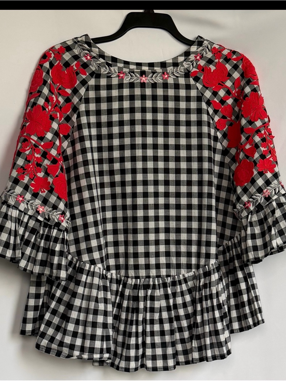 Packaj & Nidhi Black & White Gingham Peplum Tunic with Red Floral Embroidery